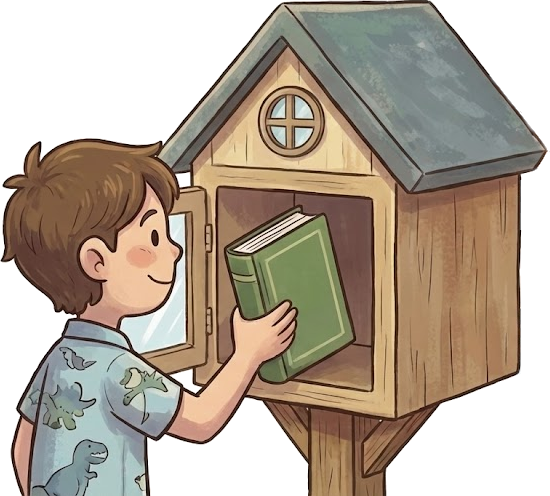 Illustration of a boy placing a book in a library